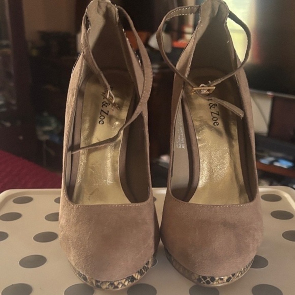 Taupe Suede Platform Heels with Ankle Tie
